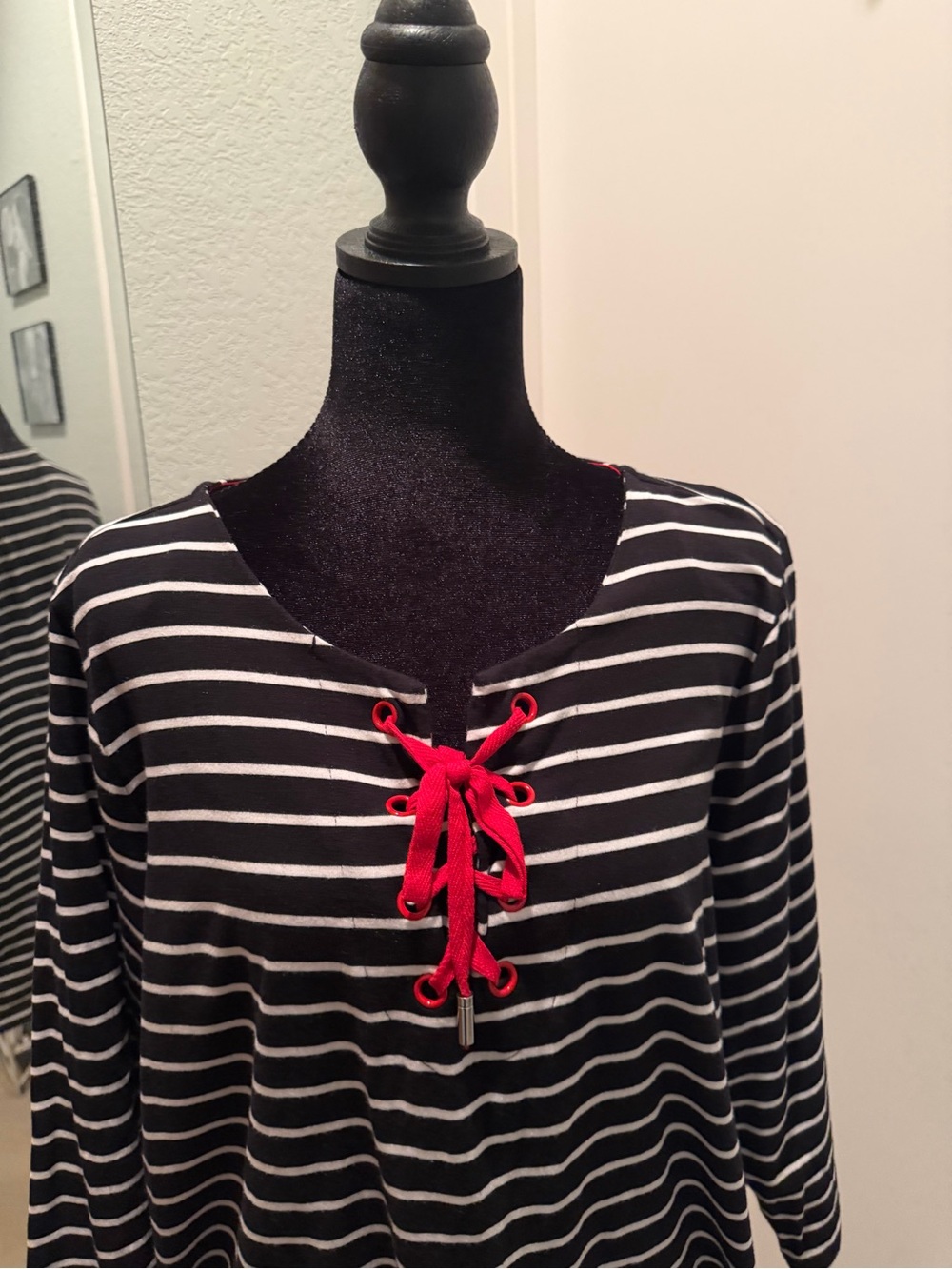 Susan Graver Black & White Striped Lace-Up Tunic with Red Accent - Picture 2 of 5